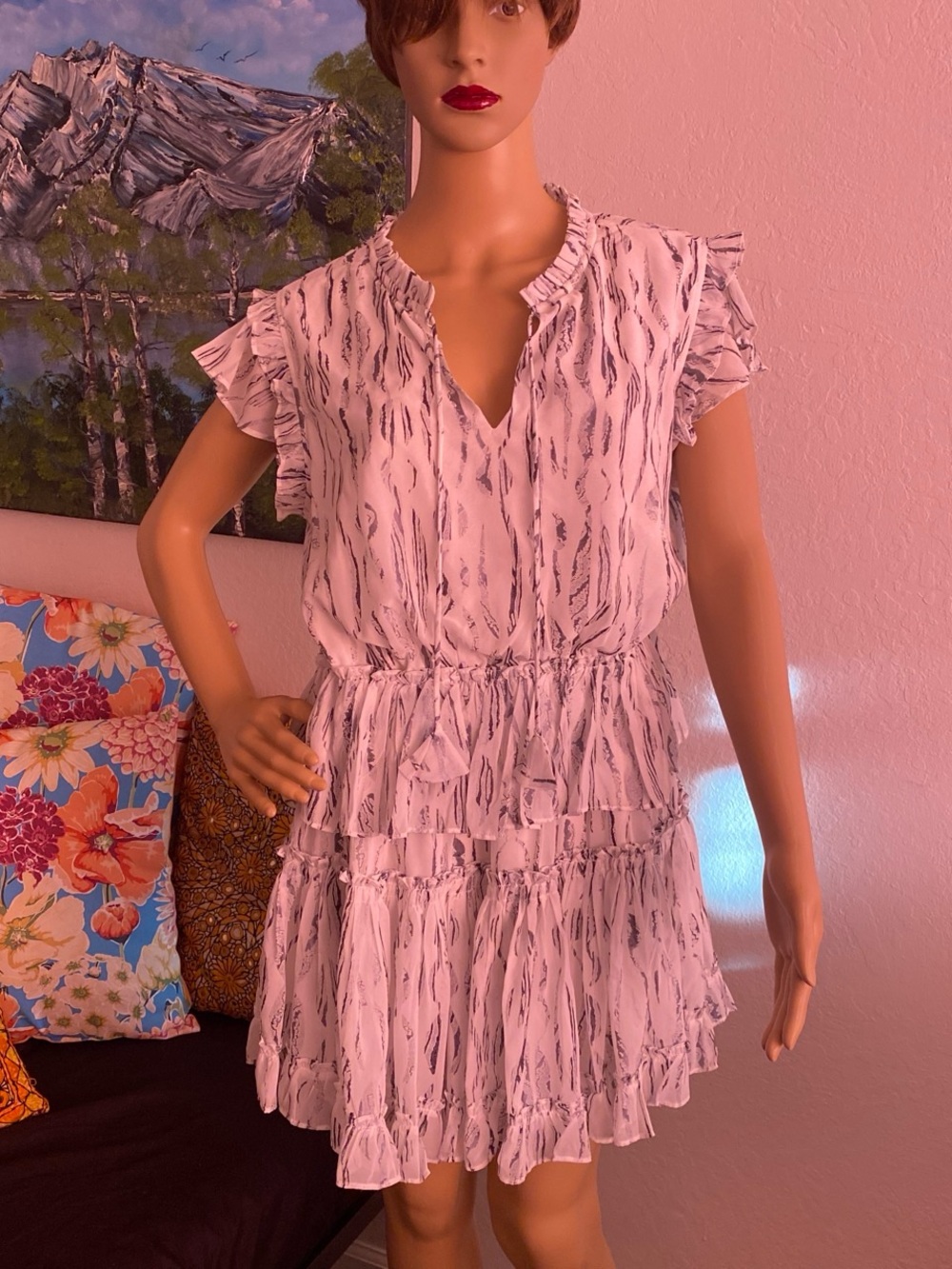 Light White Black Ruffle Tiered V-Neck Mini Dress